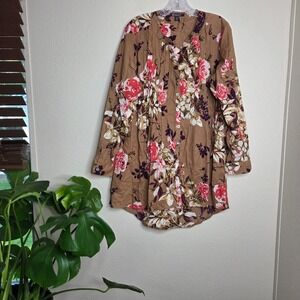 Roaman's 14W Womens Floral Button Up Long Sleeve Tunic‎ Top Brown Roses